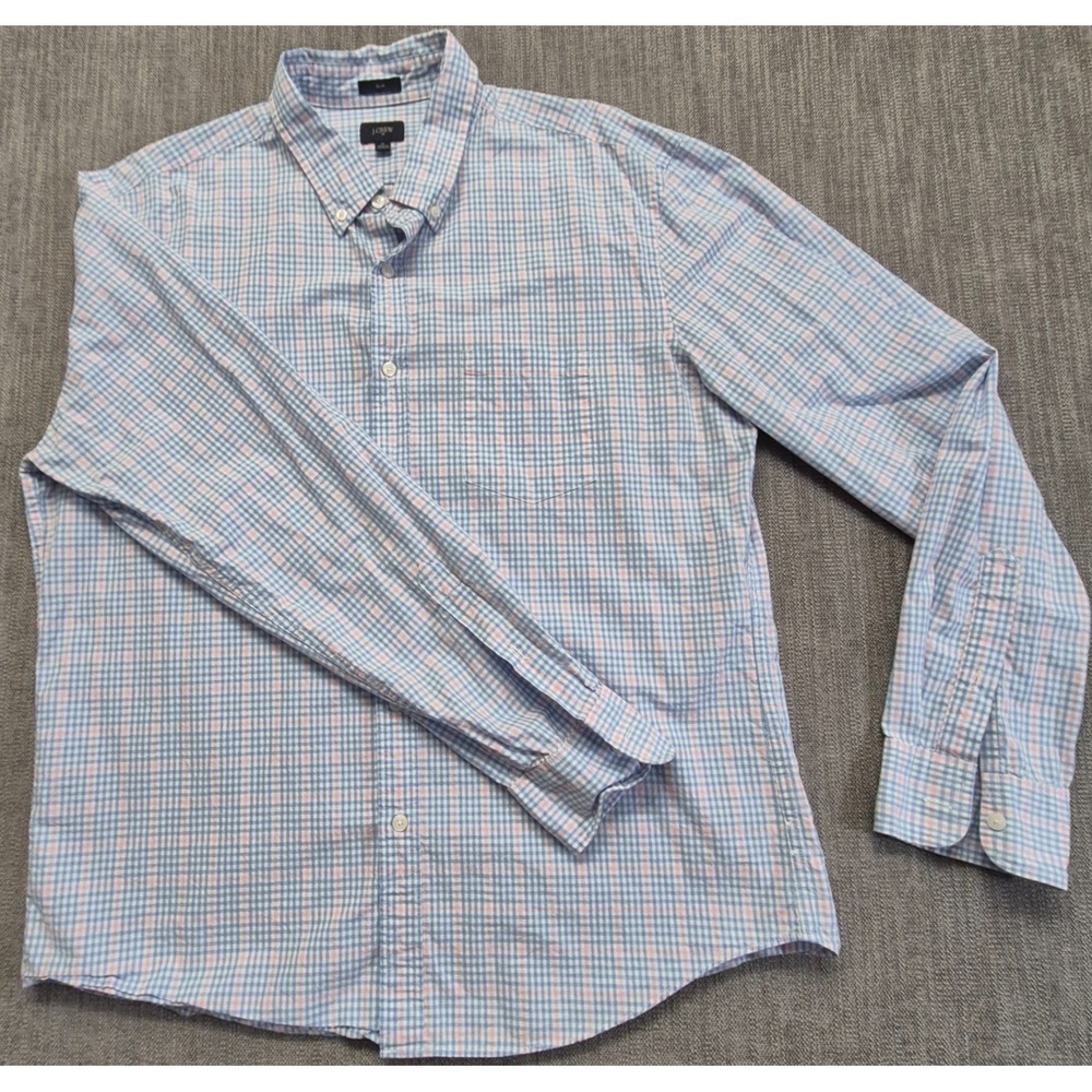 J Crew Slim Fit men's blue pink plaid long sleeve button up shirt XL 100% Cotton